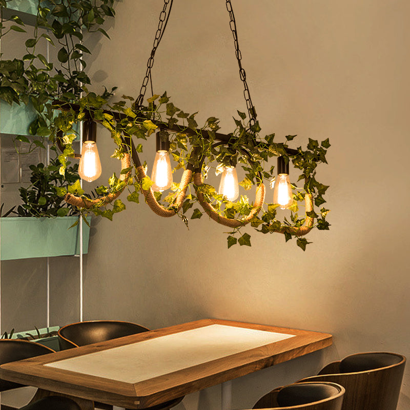 hanging light plant 4 Lights Linear Island Lamp with Artificial Plant Lodge Metal Hanging Light in Black