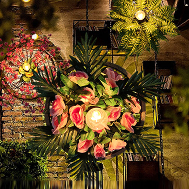 Single Wagon Wheel Wall Lamp Industrial Metal Wall Mounted Light with Artificial Plant Deco Clearhalo 'Art deco wall lights' 'Cast Iron' 'Glass' 'Industrial wall lights' 'Industrial' 'Middle century wall lights' 'Modern' 'Rustic wall lights' 'Tiffany' 'Traditional wall lights' 'Wall Lamps & Sconces' 'Wall Lights' Lighting' 2364570