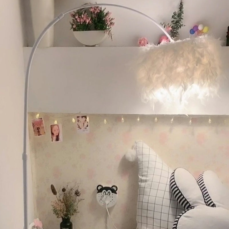 Feather Drum Stand Up Lamp Nordic 1 Bulb Floor Light with Fishing Rod Arm for Bedroom Clearhalo 'Floor Lamps' 'Lamps' Lighting' 2364997