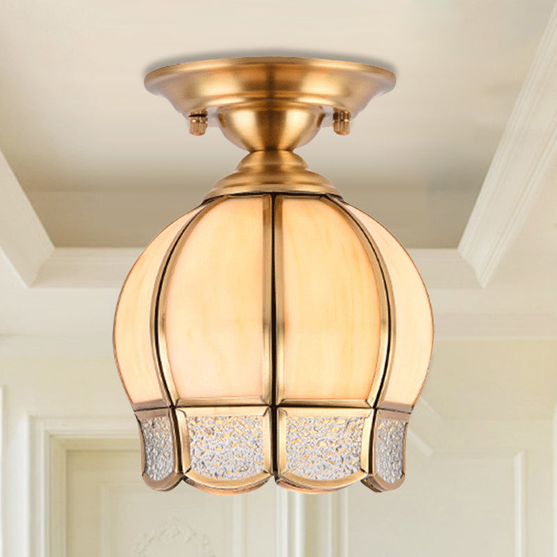 Dome Semi Flush Mount Lamp Tradition Milk Glass 1 Bulb Ceiling Mounted Light in Brass for Balcony Clearhalo 'Ceiling Lights' 'Close To Ceiling Lights' 'Close to ceiling' 'Glass shade' 'Glass' 'Semi-flushmount' Lighting' 237575