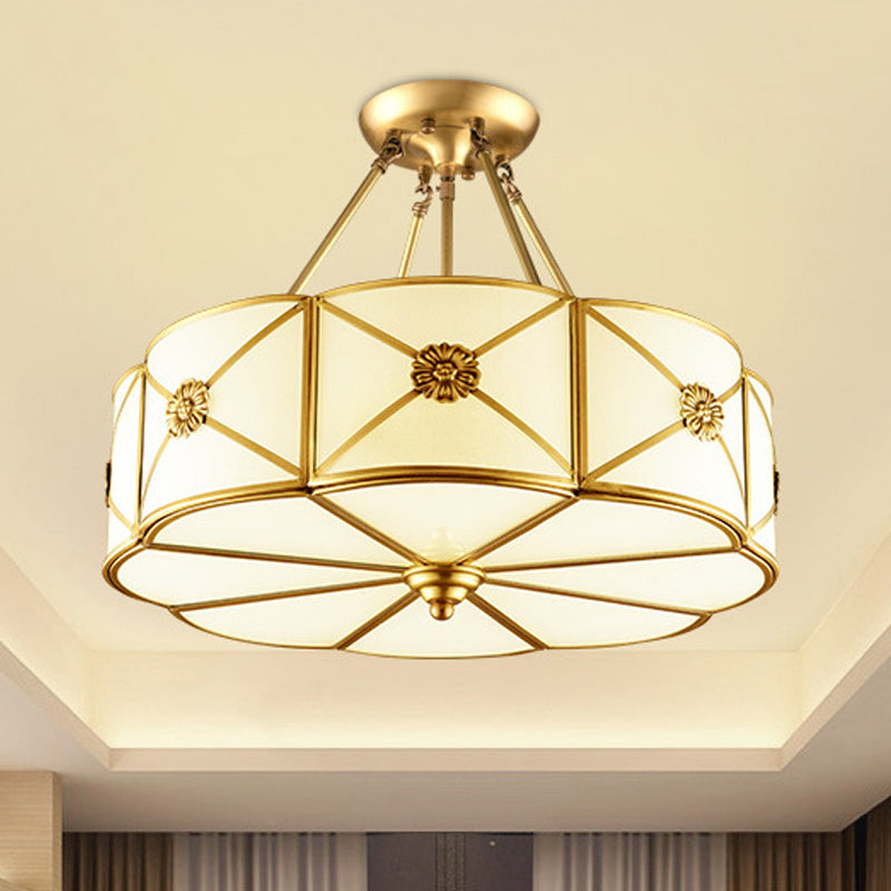 18"/23.5" Wide Drum Semi Flush Mount Traditional White Glass Brass 4/6 Bulbs Ceiling Mount Chandelier Clearhalo 'Ceiling Lights' 'Close To Ceiling Lights' 'Close to ceiling' 'Glass shade' 'Glass' 'Pendant Lights' 'Semi-flushmount' Lighting' 237666