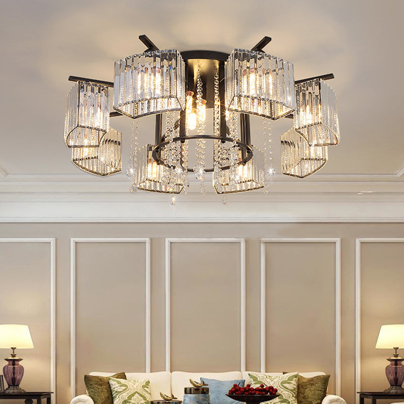 Circle Semi Flush Ceiling Fixture Modern Crystal Block Living Room Flushmount Light in Black Clearhalo 'Ceiling Lights' 'Close To Ceiling Lights' 'Close to ceiling' 'Semi-flushmount' Lighting' 2385019