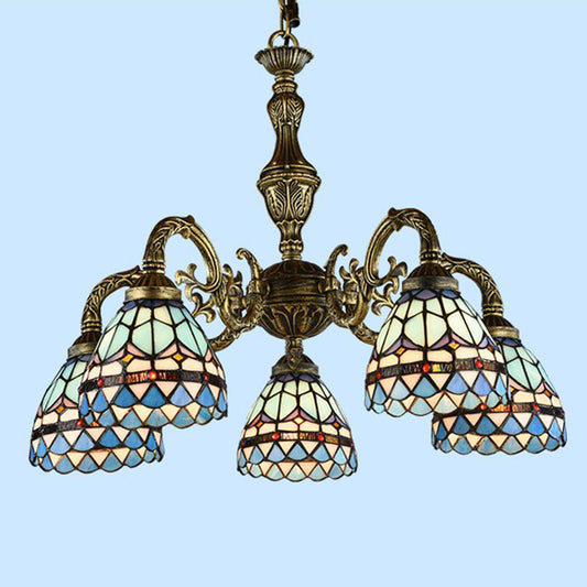 Bronze Finish Chandelier Classic Handcrafted Stained Glass Bell Ceiling Light for Dining Room 5 Bronze Down Clearhalo 'Ceiling Lights' 'Chandeliers' 'Industrial' 'Middle Century Chandeliers' 'Pendant Lights' 'Tiffany Chandeliers' 'Tiffany close to ceiling' 'Tiffany' Lighting' 2388873