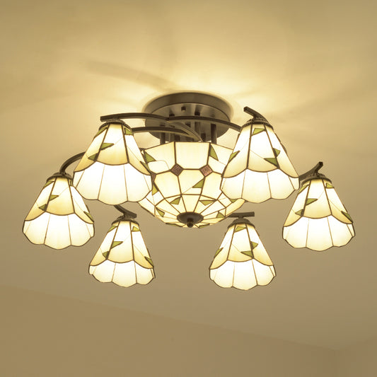 Mediterranean Flower Ceiling Flush Light Stained Art Glass Semi Mount Lighting for Bedroom Clearhalo 'Ceiling Lights' 'Chandeliers' 'Close To Ceiling Lights' 'Close to ceiling' 'Semi-flushmount' 'Tiffany close to ceiling' 'Tiffany' Lighting' 2389148