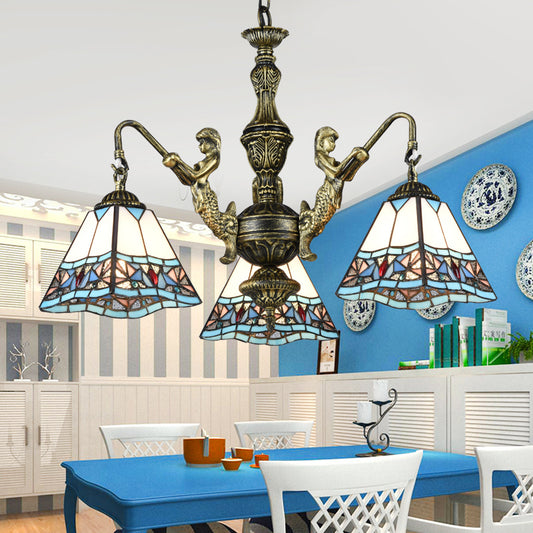 Pyramid Ceiling Chandelier Stained Glass Tiffany Style Hanging Light with Mermaid Deco in Bronze 3 Bronze Clearhalo 'Ceiling Lights' 'Chandeliers' 'Industrial' 'Middle Century Chandeliers' 'Tiffany Chandeliers' 'Tiffany close to ceiling' 'Tiffany' Lighting' 2389154