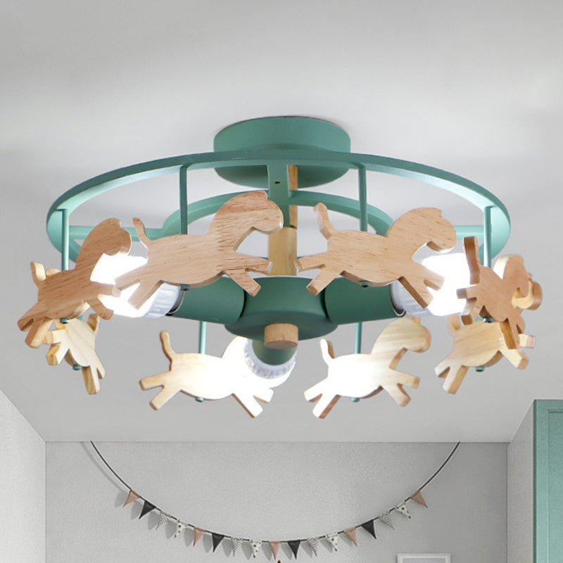 Merry-Go-Round Kindergarten Ceiling Lamp Wooden 3-Head Kids Semi Flush Mount Light Clearhalo 'Ceiling Lights' 'Close To Ceiling Lights' 'Close to ceiling' 'Semi-flushmount' Lighting' 2389436