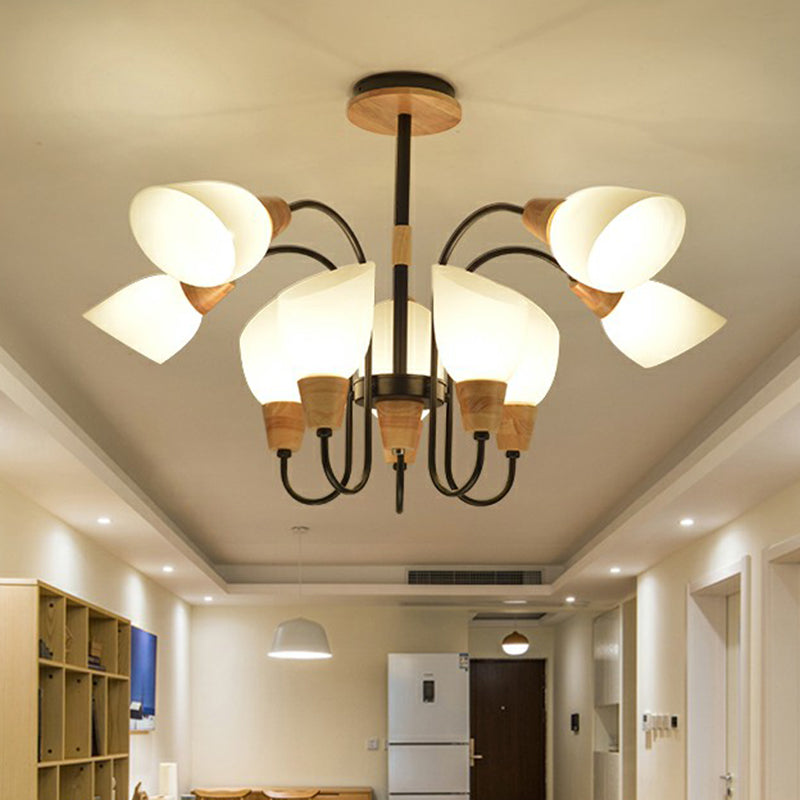 Tulip Flower Restaurant Chandelier Cream Glass Nordic Style Pendant Light in Black and Wood Clearhalo 'Carpenter Chandeliers' 'Ceiling Lights' 'Chandeliers' 'Industrial' 'Modern Chandeliers' 'Modern' Lighting' 2389923