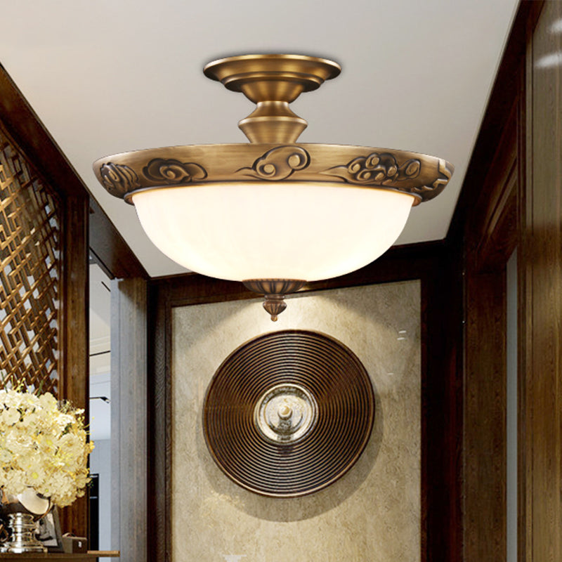 4-Light Opal Glass Ceiling Lamp Traditional Bronze Bowl Shaped Hallway Semi Mount Lighting Clearhalo 'Ceiling Lights' 'Close To Ceiling Lights' 'Close to ceiling' 'Semi-flushmount' Lighting' 2405410