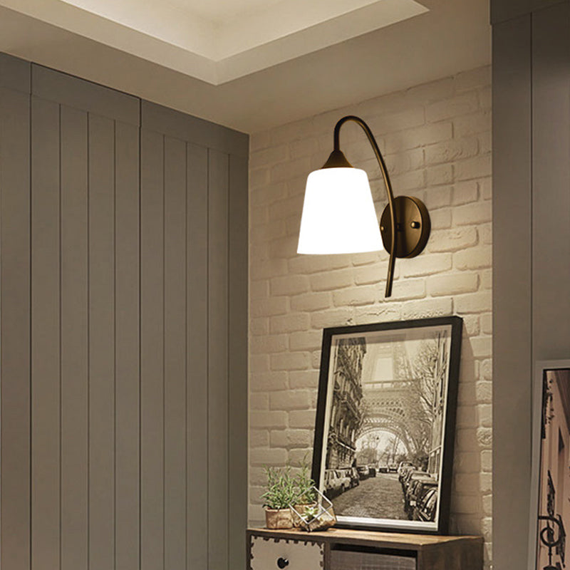 Black Finish Gooseneck Wall Light Rustic Metal 1 Bulb Bedroom Sconce Lamp with Milk Glass Shade Black 5" Clearhalo 'Wall Lamps & Sconces' 'Wall Lights' Lighting' 2405477