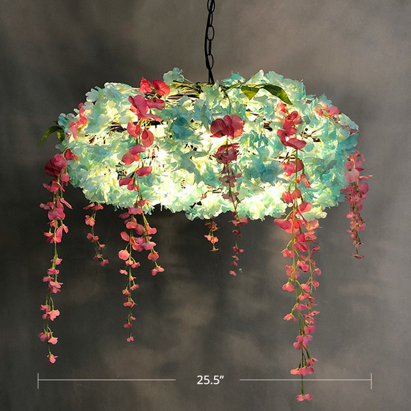 3-Bulb Round Hanging Lamp Loft Style Metal Pendant Light Fixture with Fake Flowers for Restaurant Blue 25.5" Clearhalo 'Cast Iron' 'Ceiling Lights' 'Chandeliers' 'Industrial Chandeliers' 'Industrial' 'Metal' 'Middle Century Chandeliers' 'Rustic Chandeliers' 'Tiffany' Lighting' 2408630