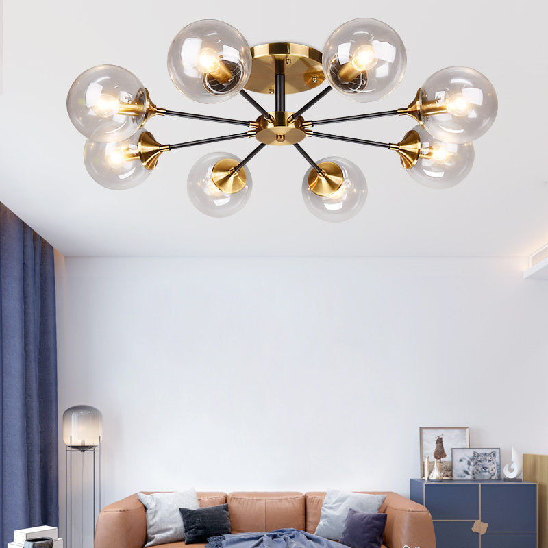 Brass Finish Radial Ceiling Lamp Postmodern Metal Semi Mount Lighting with Ball Glass Shade Clearhalo 'Ceiling Lights' 'Close To Ceiling Lights' 'Close to ceiling' 'Semi-flushmount' Lighting' 2408707
