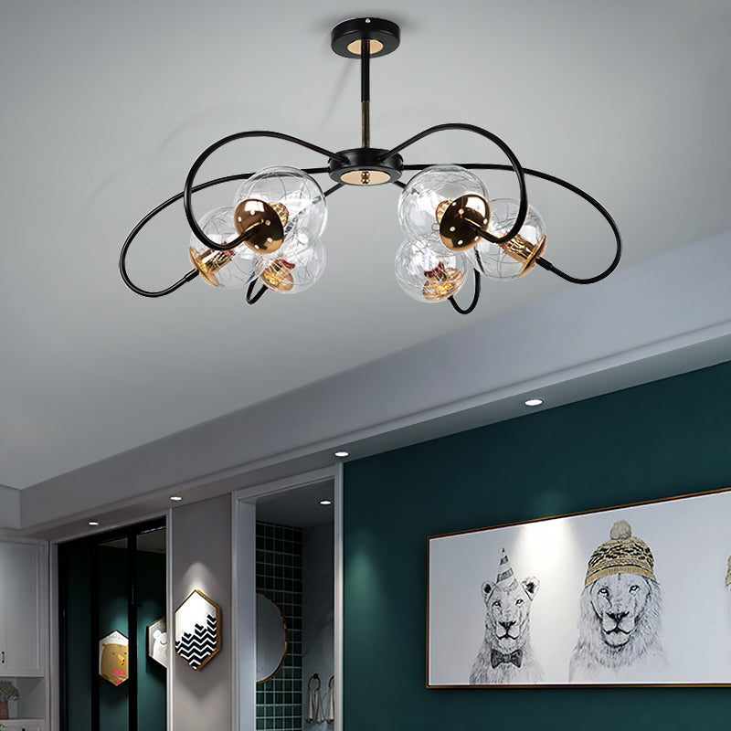 Black Floral Swirl Chandelier Minimalist Clear Ball Glass Pendant Light for Living Room Clearhalo 'Ceiling Lights' 'Chandeliers' 'Modern Chandeliers' 'Modern' Lighting' 2408834
