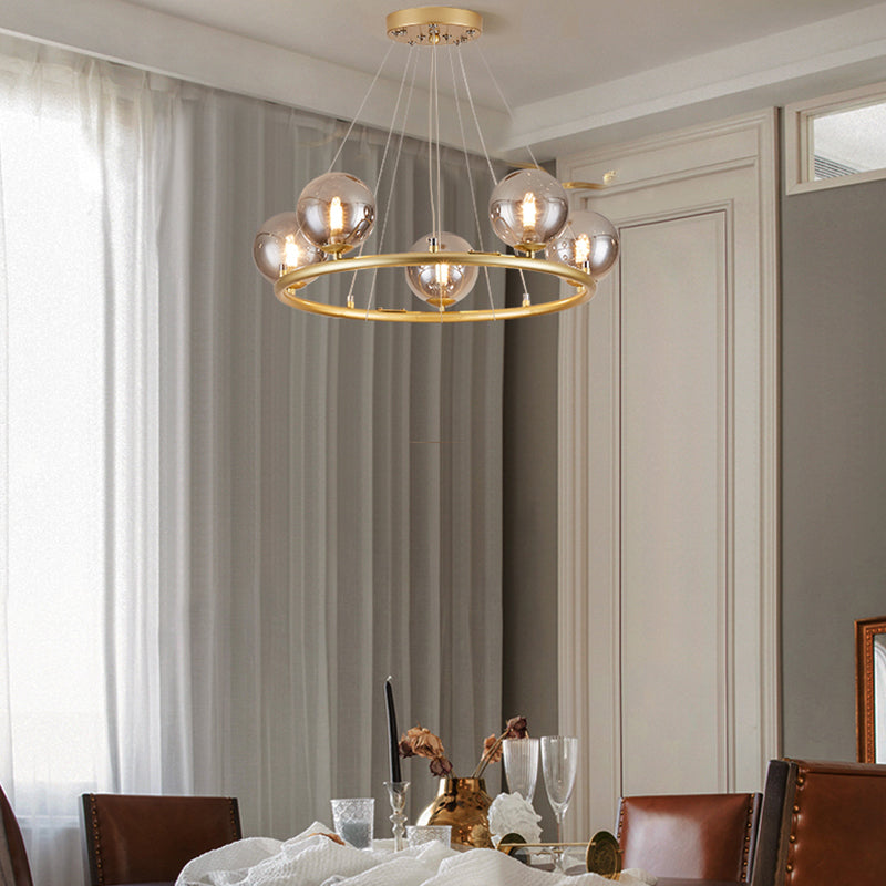 Circular Metal Pendant Chandelier Postmodern Suspension Light Fixture with Ball Glass Shade Clearhalo 'Ceiling Lights' 'Chandeliers' 'Modern Chandeliers' 'Modern' Lighting' 2408859