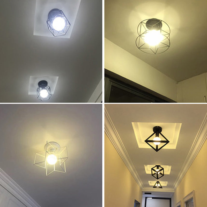 Black Caged Semi Flush Ceiling Light Industrial Iron 1-Light Corridor Flush Mount Light Clearhalo 'Ceiling Lights' 'Close To Ceiling Lights' 'Close to ceiling' 'Semi-flushmount' Lighting' 2409077
