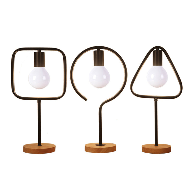 Geometric Frame Metal Table Lamp Industrial Single Bedside Night Light with Round Wooden Base Clearhalo 'Lamps' 'Table Lamps' Lighting' 2409106