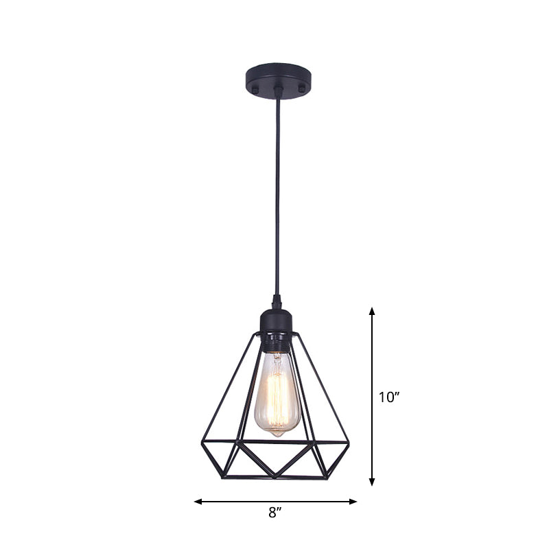 Black Diamond Cage Pendant Lamp Retro Iron 1 Head Bedroom Suspension Light Fixture Clearhalo 'Art Deco Pendants' 'Black' 'Cast Iron' 'Ceiling Lights' 'Ceramic' 'Crystal' 'Industrial Pendants' 'Industrial' 'Metal' 'Middle Century Pendants' 'Pendant Lights' 'Pendants' 'Rustic Pendants' 'Tiffany' Lighting' 2409134
