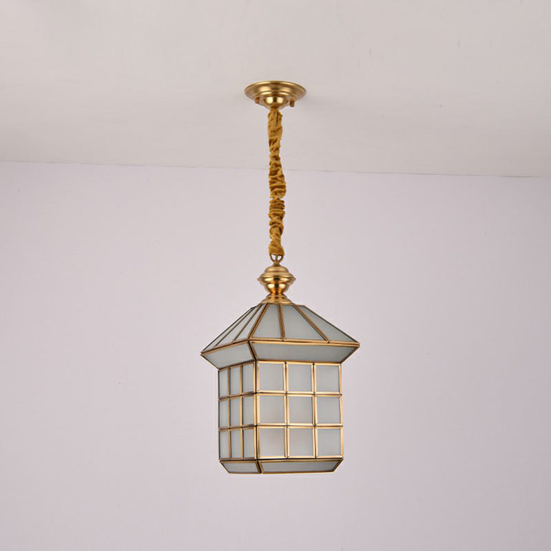 House Shaped Corridor Pendant Lamp Vintage Glass 1 Bulb Brass Hanging Light Fixture Brass 10" Frosted Glass Clearhalo 'Ceiling Lights' 'Pendant Lights' 'Pendants' Lighting' options 2409184_0dbbbb47-4549-447b-a0d3-41b7897a1b41