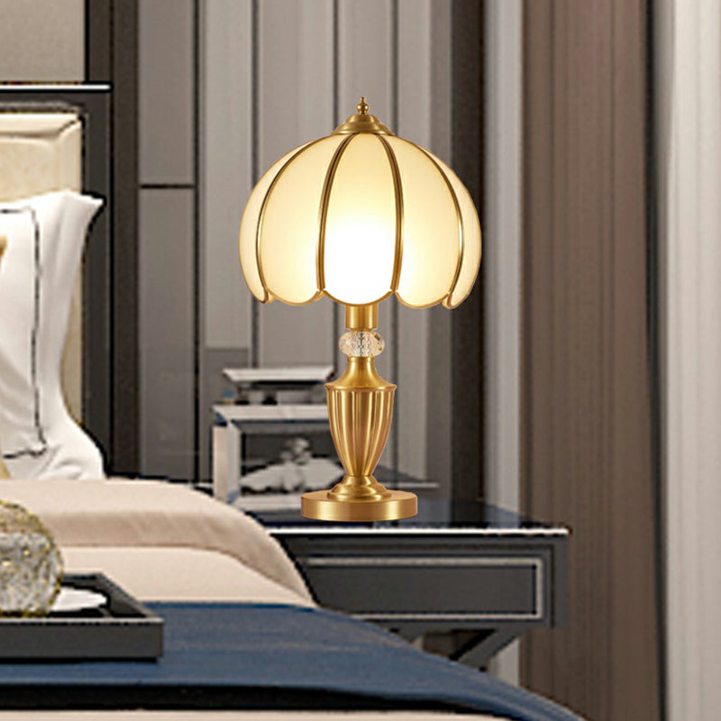 White Glass Hemispherical Table Lamp Antique Style Bedside Night Light with Scalloped Edge Clearhalo 'Lamps' 'Table Lamps' Lighting' 2409242