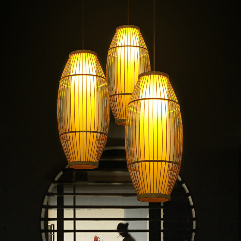 Barrel Shaped Restaurant Hanging Lighting Bamboo 1 Bulb Asian Pendant Light in Wood Clearhalo 'Ceiling Lights' 'Modern Pendants' 'Modern' 'Pendant Lights' 'Pendants' Lighting' 2415295