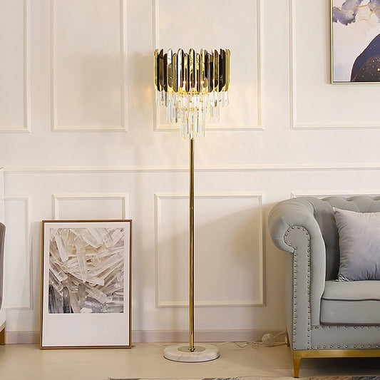 Gold Taper Floor Light Postmodern 3-Light Prismatic Crystal Stand Up Lamp for Living Room Clearhalo 'Floor Lamps' 'Lamps' Lighting' 2424727