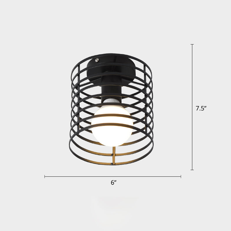 Cage Style Small Aisle Flush Ceiling Light Fixture Industrial Metal 1 Head Black Flushmount Lighting Clearhalo 'Ceiling Lights' 'Close To Ceiling Lights' 'Close to ceiling' 'Flush mount' 'Industrial Flush Mount' Lighting' 2460511