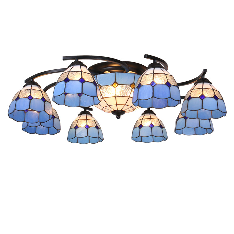 Gridded Glass Semi Flush Mount Light Scalloped Edge Mediterranean Style Close to Ceiling Light Clearhalo 'Ceiling Lights' 'Close To Ceiling Lights' 'Close to ceiling' 'Glass shade' 'Glass' 'Pendant Lights' 'Semi-flushmount' 'Tiffany close to ceiling' 'Tiffany' Lighting' 2460791