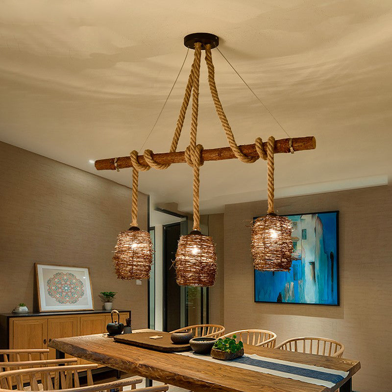 Rattan Woven Nest Island Pendant Rustic 3-Bulb Dining Room Hanging Light Fixture in Wood Clearhalo 'Ceiling Lights' 'Island Lights' Lighting' 2460825