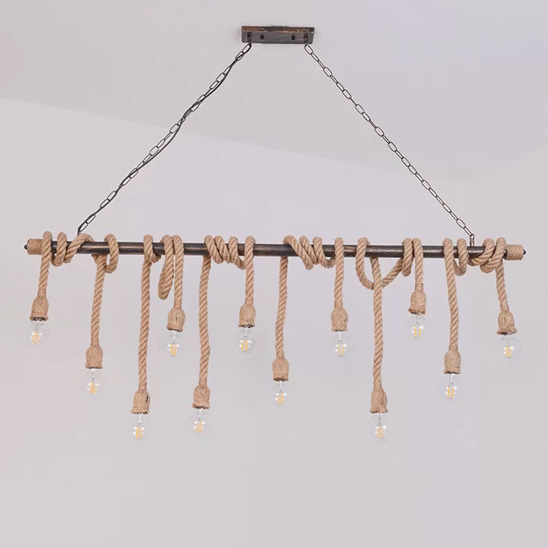Exposed Bulb Pendant Lighting Farmhouse Wood Hemp Rope Island Light for Restaurant Clearhalo 'Ceiling Lights' 'Island Lights' Lighting' 2461285