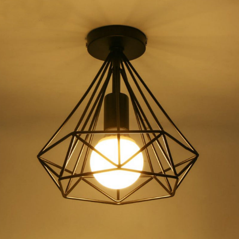 Iron Wire Diamond Ceiling Flush Light Vintage 1-Light Passageway Flush Mount Lamp in Black Clearhalo 'Ceiling Lights' 'Close To Ceiling Lights' 'Close to ceiling' 'Flush mount' 'Industrial Flush Mount' Lighting' 2462719