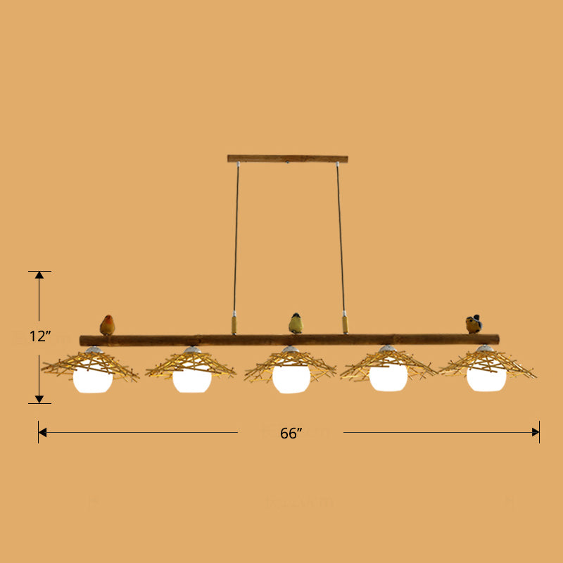 Cottage Conical Island Light Bamboo Pendant Lighting in Wood with Dome White Glass Shade Clearhalo 'Ceiling Lights' 'Island Lights' Lighting' 2462733