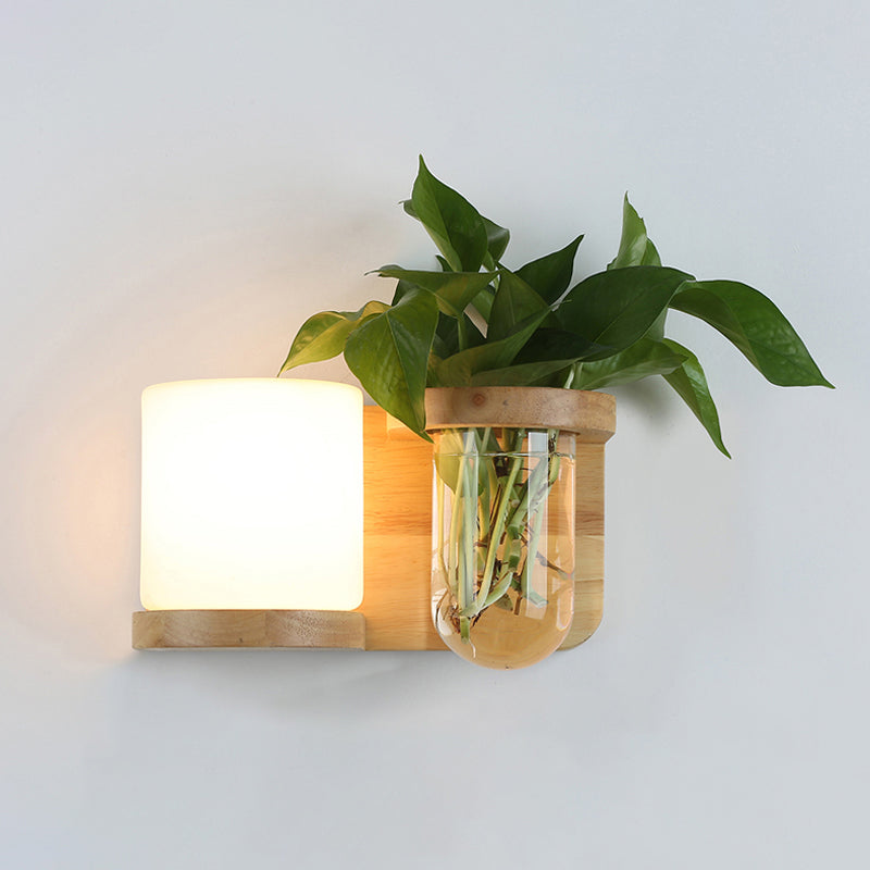 Cream Glass Cube Sconce Lamp Art Deco 1-Bulb Wood Wall Mount Light with  Hydroponic Plant Pot