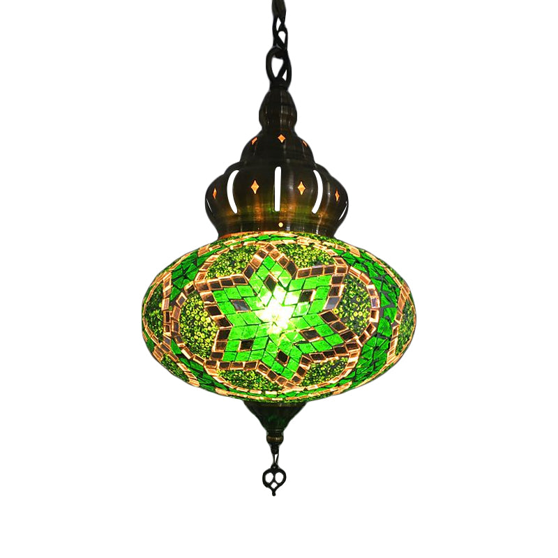 Lantern Red/Green/Gold Glass Suspension Light Retro 1/3 Heads Ceiling Pendant Light for Restaurant Clearhalo 'Ceiling Lights' 'Glass shade' 'Glass' 'Pendant Lights' 'Pendants' Lighting' 247443