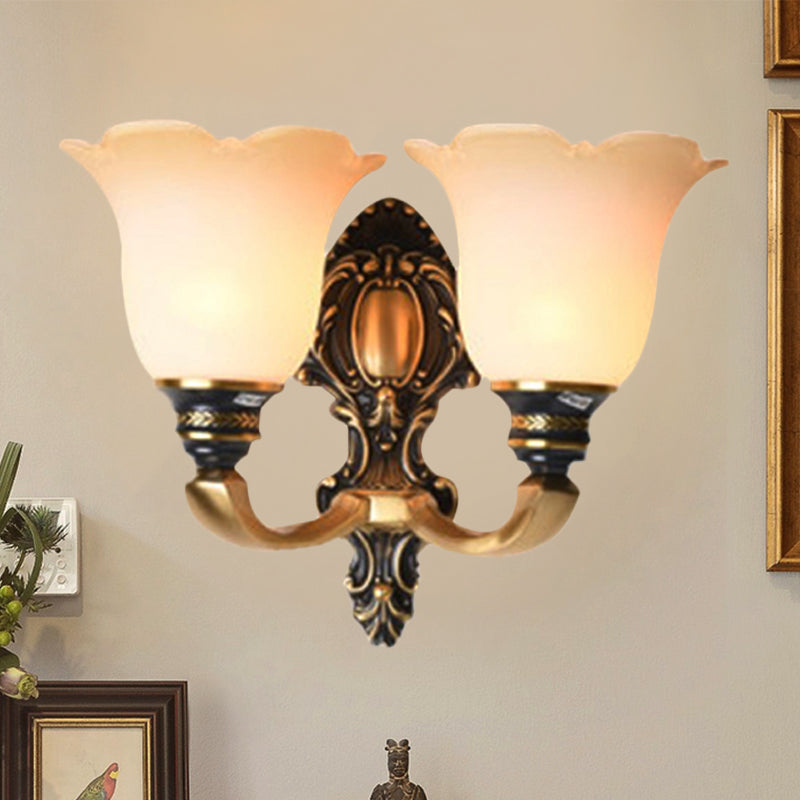 Floral Bedroom Wall Sconce Light Traditional White Glass 1/2-Light Brass Wall Lamp with Metal Curvy Arm 2.0 Brass Clearhalo 'Wall Lamps & Sconces' 'Wall Lights' Lighting' 247518