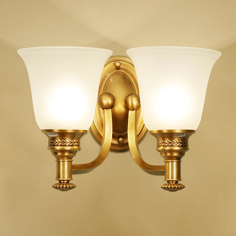Brass Bell Wall Mounted Light Traditional White Glass Shade 1/2-Light Bedroom Wall Sconce with Metal Curvy Arm 2.0 Brass Clearhalo 'Wall Lamps & Sconces' 'Wall Lights' Lighting' 247584
