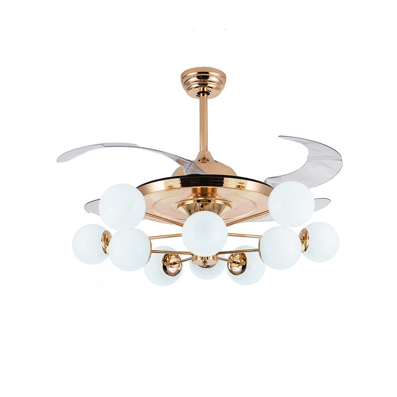 42" Wide Milk Glass Ball Pendant Fan Lamp Postmodern Rose Gold Semi Flush Light with 4 Clear Blades Clearhalo 'Ceiling Fans with Lights' 'Ceiling Fans' 'Modern Ceiling Fans' 'Modern' Lighting' 2477550