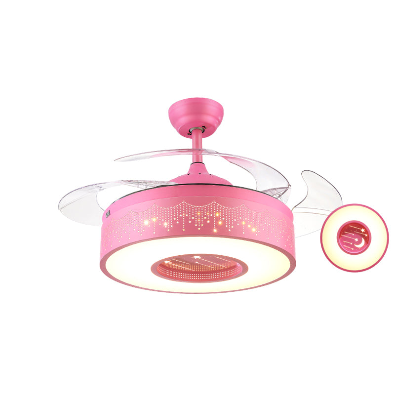 Metal Drum Shaped Hanging Fan Light Fixture Macaron LED Semi Flush Ceiling Light with Remote, 3-Blade Clearhalo 'Ceiling Fans with Lights' 'Ceiling Fans' 'Modern Ceiling Fans' 'Modern' Lighting' 2477970