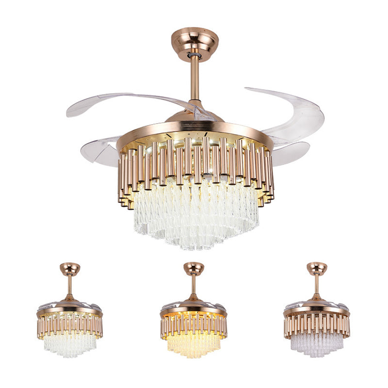 4 Blades Multi-Tiered Tapered Ceiling Fan Lighting Modern Crystal Prism Rose Gold LED Semi Flush Mount, 42" Wide Rose Gold Tubular Clearhalo 'Ceiling Fans with Lights' 'Ceiling Fans' 'Modern Ceiling Fans' 'Modern' Lighting' 2478065