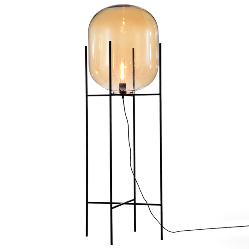 Glass Capsule Floor Light Designer 1 Bulb Black Standing Lamp with Metal H-Brace Clearhalo 'Floor Lamps' 'Lamps' Lighting' 2478892