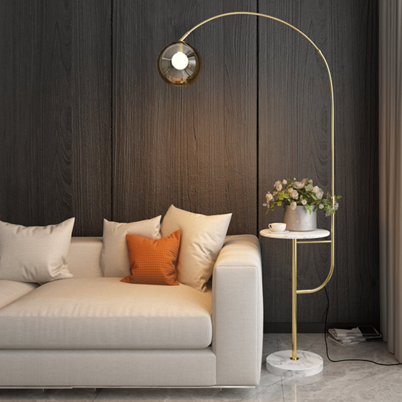 Fishing Rod Living Room Standing Lamp Metal Single Postmodern Tray Floor Light with Ball Smoke Grey Glass Shade Clearhalo 'Floor Lamps' 'Lamps' Lighting' 2478935