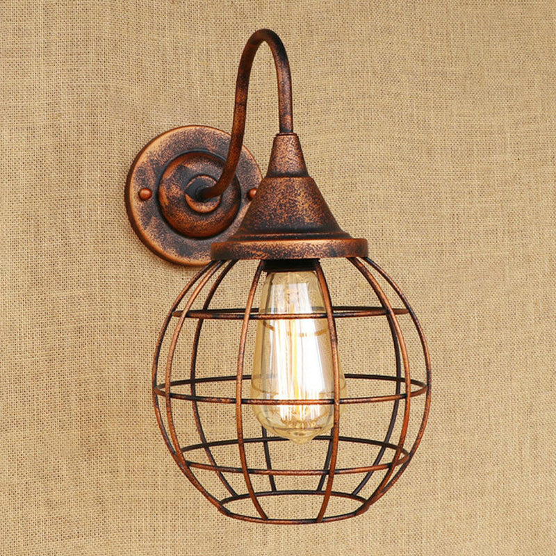 Rustic Style Ball Cage Wall Lighting with Gooseneck Arm 1 Bulb Iron Wall Sconce in Rust/Black Finish Clearhalo 'Art deco wall lights' 'Cast Iron' 'Glass' 'Industrial wall lights' 'Industrial' 'Middle century wall lights' 'Modern' 'Rustic wall lights' 'Tiffany' 'Traditional wall lights' 'Wall Lamps & Sconces' 'Wall Lights' Lighting' 248820
