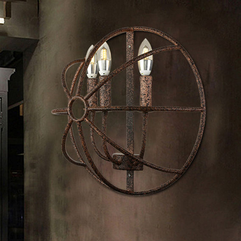 Semi Circle Metallic Sconce Lamp with Wire Frame Rustic 3 Lights Restaurant Wall Sconce Lighting in Rust/Black Clearhalo 'Art deco wall lights' 'Cast Iron' 'Glass' 'Industrial wall lights' 'Industrial' 'Middle century wall lights' 'Modern' 'Rustic wall lights' 'Tiffany' 'Traditional wall lights' 'Wall Lamps & Sconces' 'Wall Lights' Lighting' 249111