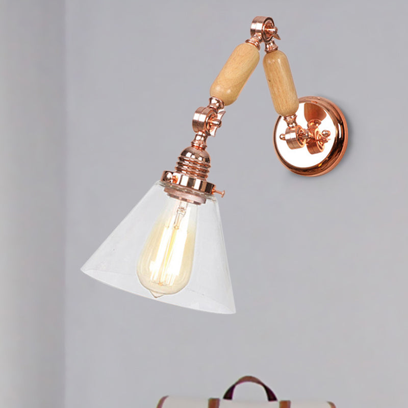 Cone Shade Bedroom Sconce Light Fixture Vintage Clear Glass 1 Light Wood Wall Lamp with Long Arm Clearhalo 'Cast Iron' 'Glass' 'Industrial wall lights' 'Industrial' 'Middle century wall lights' 'Modern' 'Tiffany' 'Traditional wall lights' 'Wall Lamps & Sconces' 'Wall Lights' Lighting' 250837