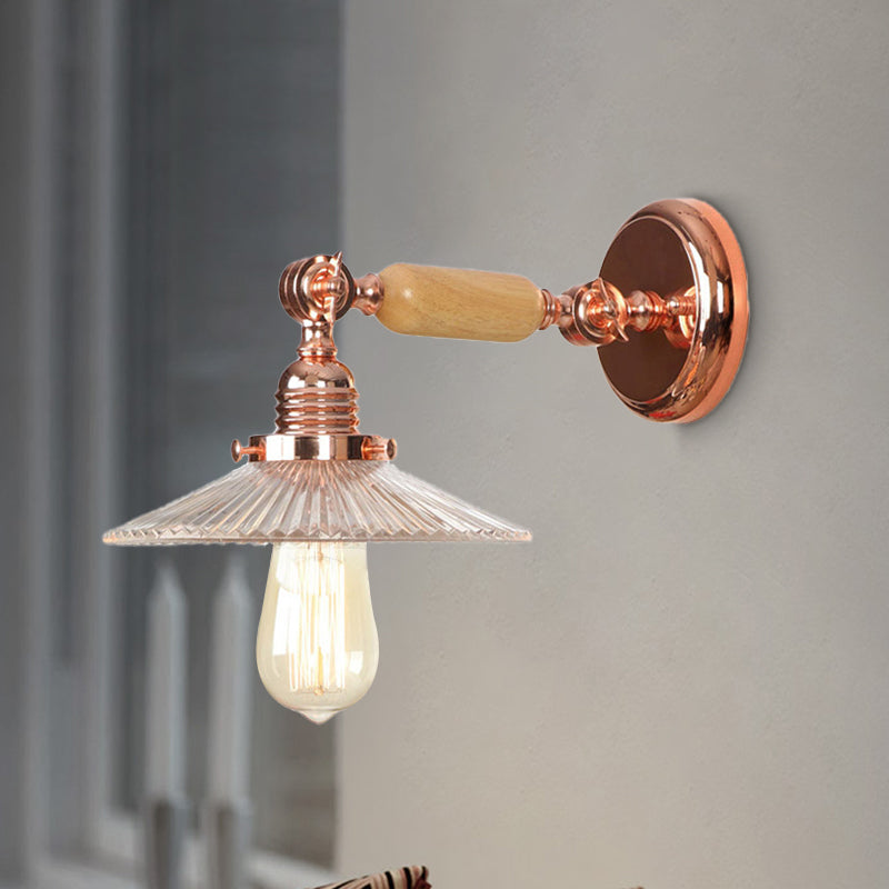 Ribbed Glass Rose Gold Sconce Light Saucer 1-Light Industrial Wall Lamp Fixture for Living Room Clearhalo 'Cast Iron' 'Glass' 'Industrial wall lights' 'Industrial' 'Middle century wall lights' 'Modern' 'Tiffany' 'Traditional wall lights' 'Wall Lamps & Sconces' 'Wall Lights' Lighting' 251065