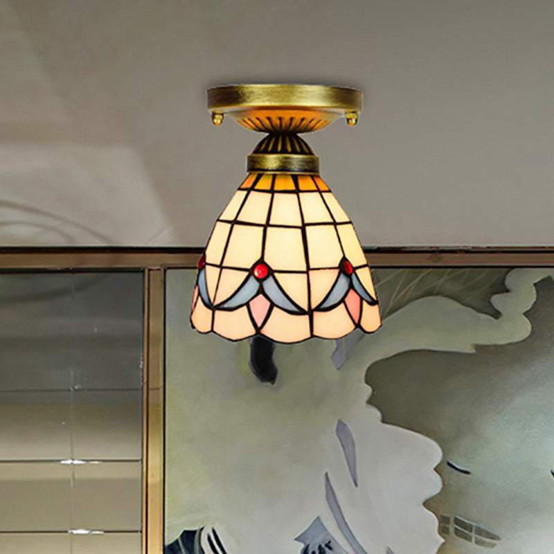 Tiffany Classic Grid Dome Ceiling Light 6"/7" Width 1 Head Art Glass Flush Mount Light in White for Hallway Clearhalo 'Ceiling Lights' 'Chandeliers' 'Close To Ceiling Lights' 'Close to ceiling' 'Glass shade' 'Glass' 'Pendant Lights' 'Semi-flushmount' 'Tiffany close to ceiling' 'Tiffany' Lighting' 253531