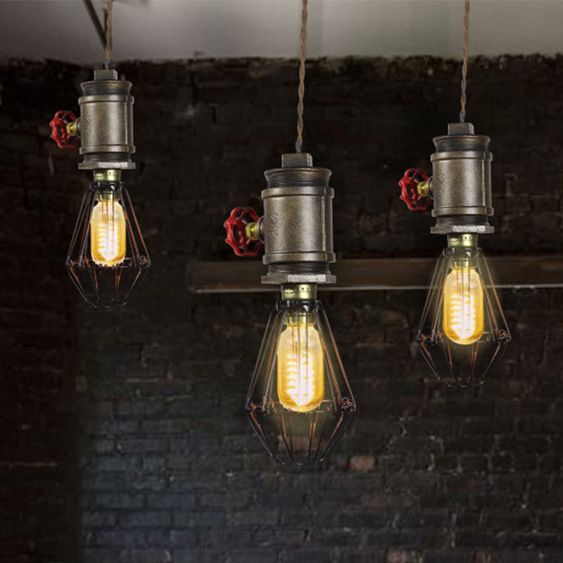 Industrial Wire Frame Pendant Lighting 1 Bulb Wrought Iron Ceiling Fixture with Red Valve in Bronze Clearhalo 'Art Deco Pendants' 'Cast Iron' 'Ceiling Lights' 'Ceramic' 'Crystal' 'Industrial Pendants' 'Industrial' 'Metal' 'Middle Century Pendants' 'Pendant Lights' 'Pendants' 'Tiffany' Lighting' 254288