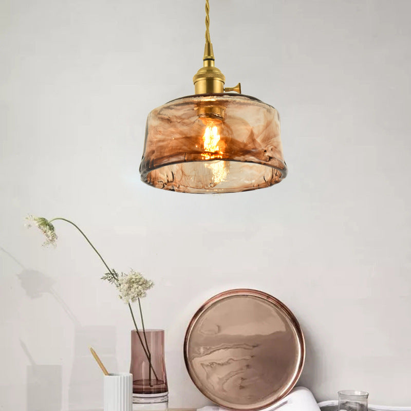 Brass Shaded Drop Pendant Vintage Handmade Tan Glass 1-Bulb Living Room Pendulum Light Clearhalo 'Ceiling Lights' 'Glass shade' 'Glass' 'Industrial Pendants' 'Industrial' 'Middle Century Pendants' 'Pendant Lights' 'Pendants' 'Tiffany' Lighting' 2546613