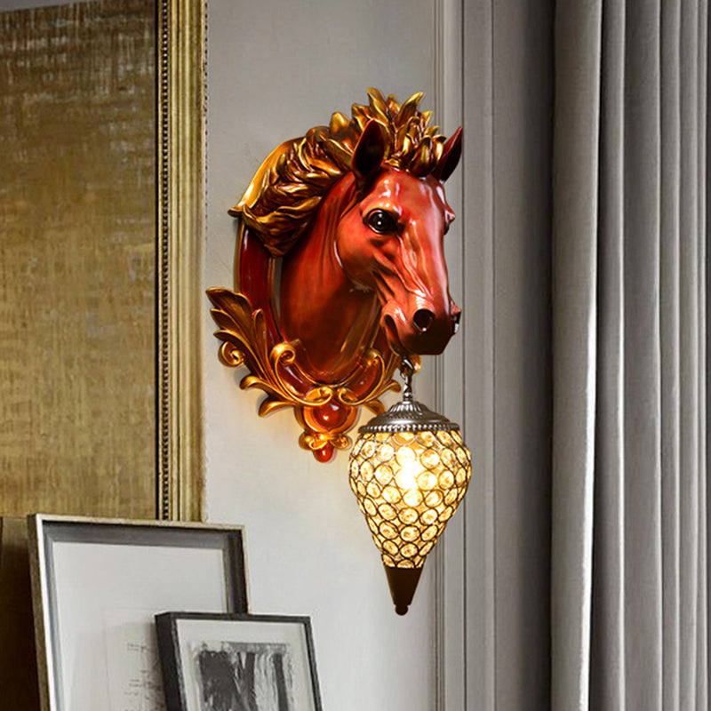 1 Light Living Room Wall Light Vintage Sconce with White/Red Horse Resin Decoration, 10"/12" Wide Red Clearhalo 'Wall Lamps & Sconces' 'Wall Lights' Lighting' 254782