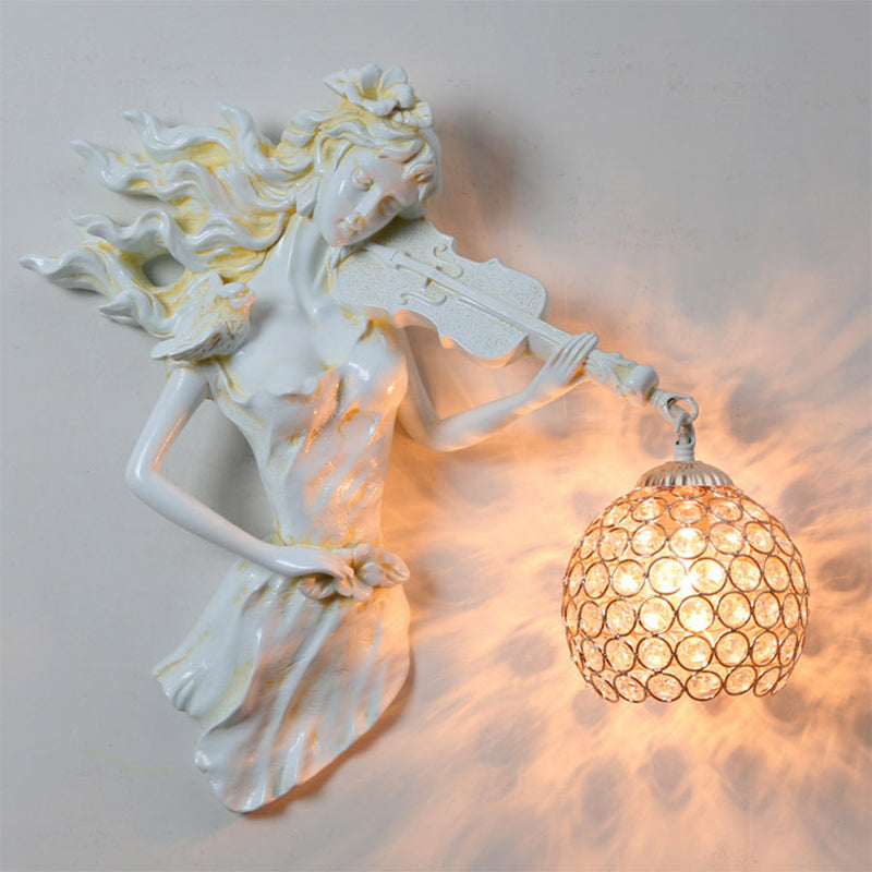 Dome Wall Mount Light Vintage Metal and Crystal 1 Light White/Gold Wall Sconce Light with Girl Decoration White Clearhalo 'Wall Lamps & Sconces' 'Wall Lights' Lighting' 254858