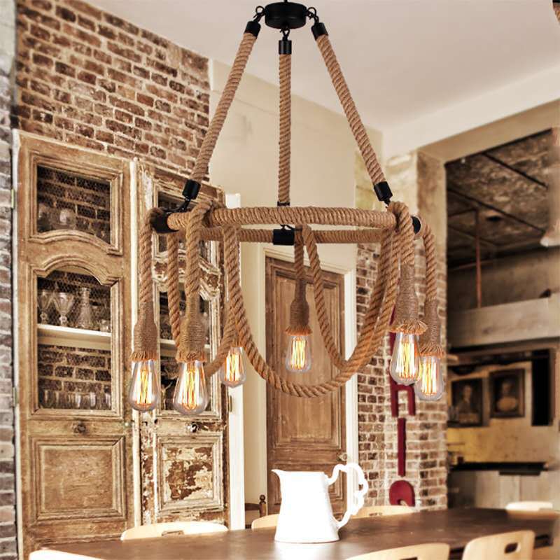 6 Lights Adjustable Rope Chandelier Lighting Fixtures Industrial Beige Hanging Ceiling Light Clearhalo 'Ceiling Lights' 'Chandeliers' 'Industrial Chandeliers' 'Industrial' 'Middle Century Chandeliers' 'Tiffany' Lighting' 2549031