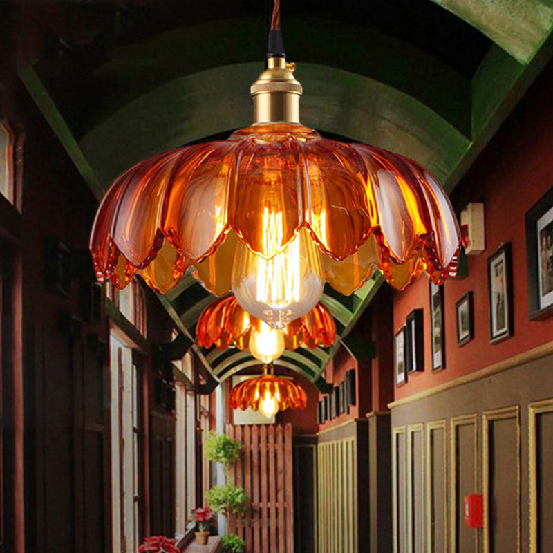Scalloped Pendant Lighting Corridor Amber Glass Single Bulb Vintage Hanging Light, 8"/10"/12" Wide Clearhalo 'Ceiling Lights' 'Glass shade' 'Glass' 'Industrial Pendants' 'Industrial' 'Middle Century Pendants' 'Pendant Lights' 'Pendants' 'Tiffany' Lighting' 255597